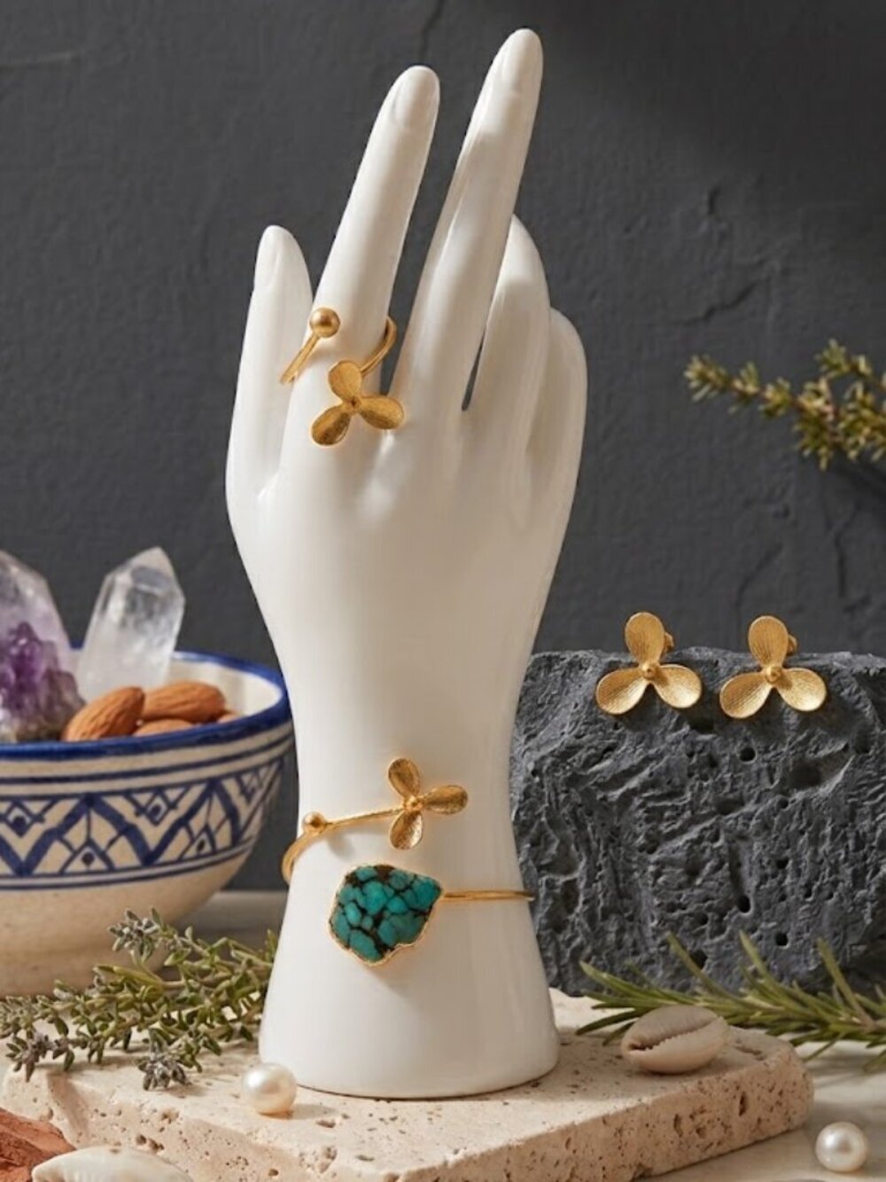 Turkish 18K Gold Plated Brass Genuine Turquoise Flower Bangle Ring Earring Set